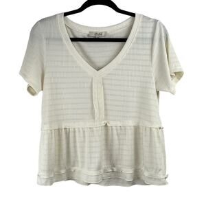 Atelier by Kirious Cream Short Sleeve Texture V-Neck Babydoll Knit Blouse Medium